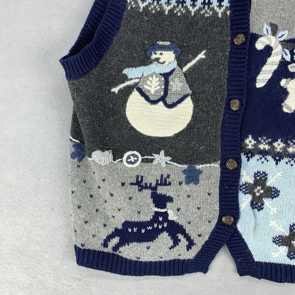 VTG Northcrest Sweater Cardigan Vest Women's Large 14-16 Blue Knit Winter Scene - Picture 2 of 12